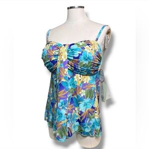 A SHORE FIT Blue Floral Print Waterfall Swim Top Size 14